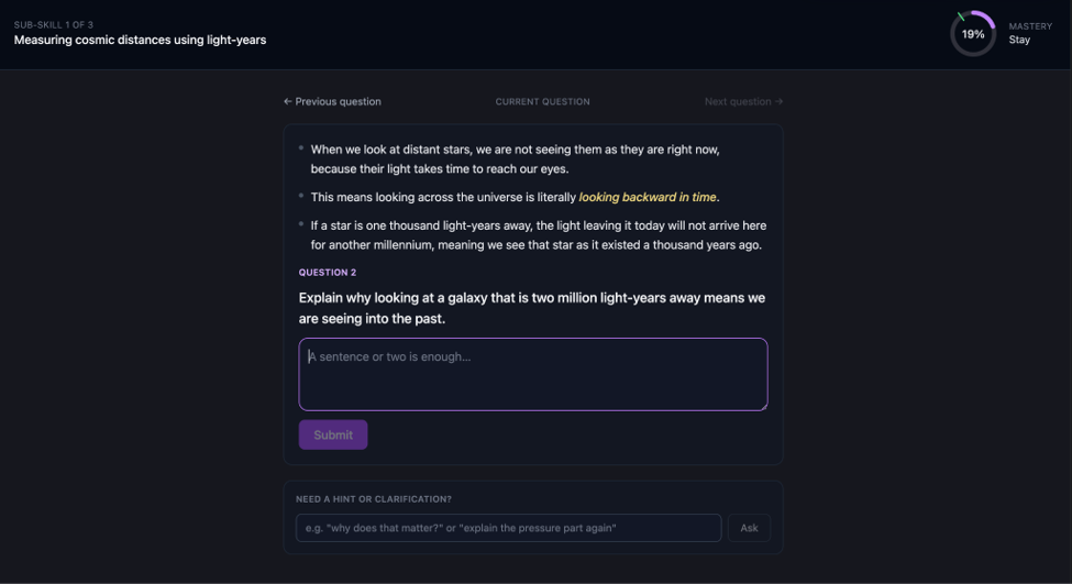 Subcept tutoring session with mastery tracking